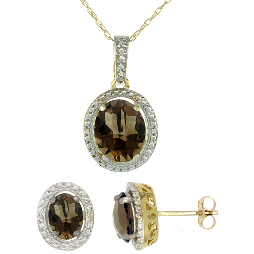 10K Yellow Gold Diamond Natural Smoky Topaz Oval Earrings & Pendant Set