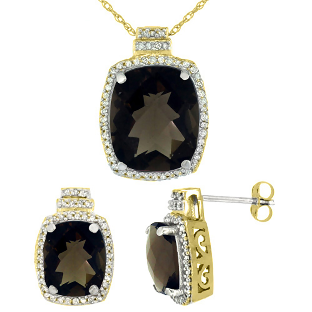 10K Yellow Gold Diamond Natural Smoky Topaz 8x6mm Earrings & 11x9mm Pendant Set Octagon Cushion