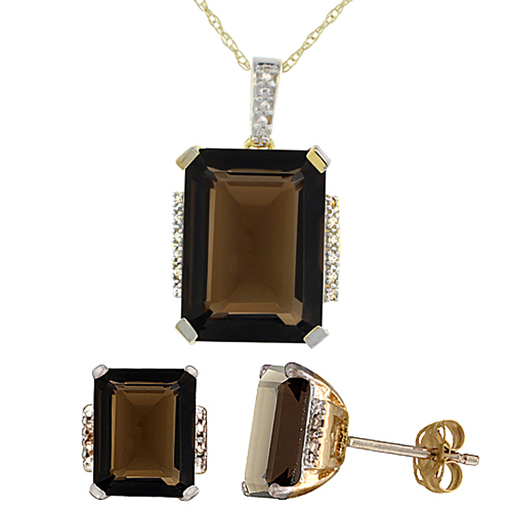 10K Yellow Gold Natural Octagon Smoky Topaz Earrings &amp; Pendant Set Diamond Accents