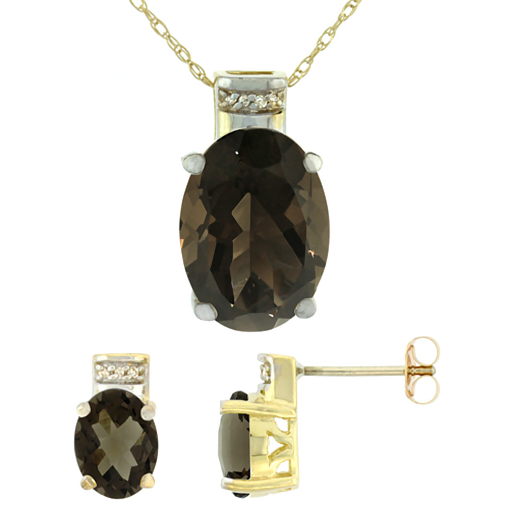 10K Yellow Gold Diamond Natural Oval Smoky Topaz Earrings &amp; Pendant Set