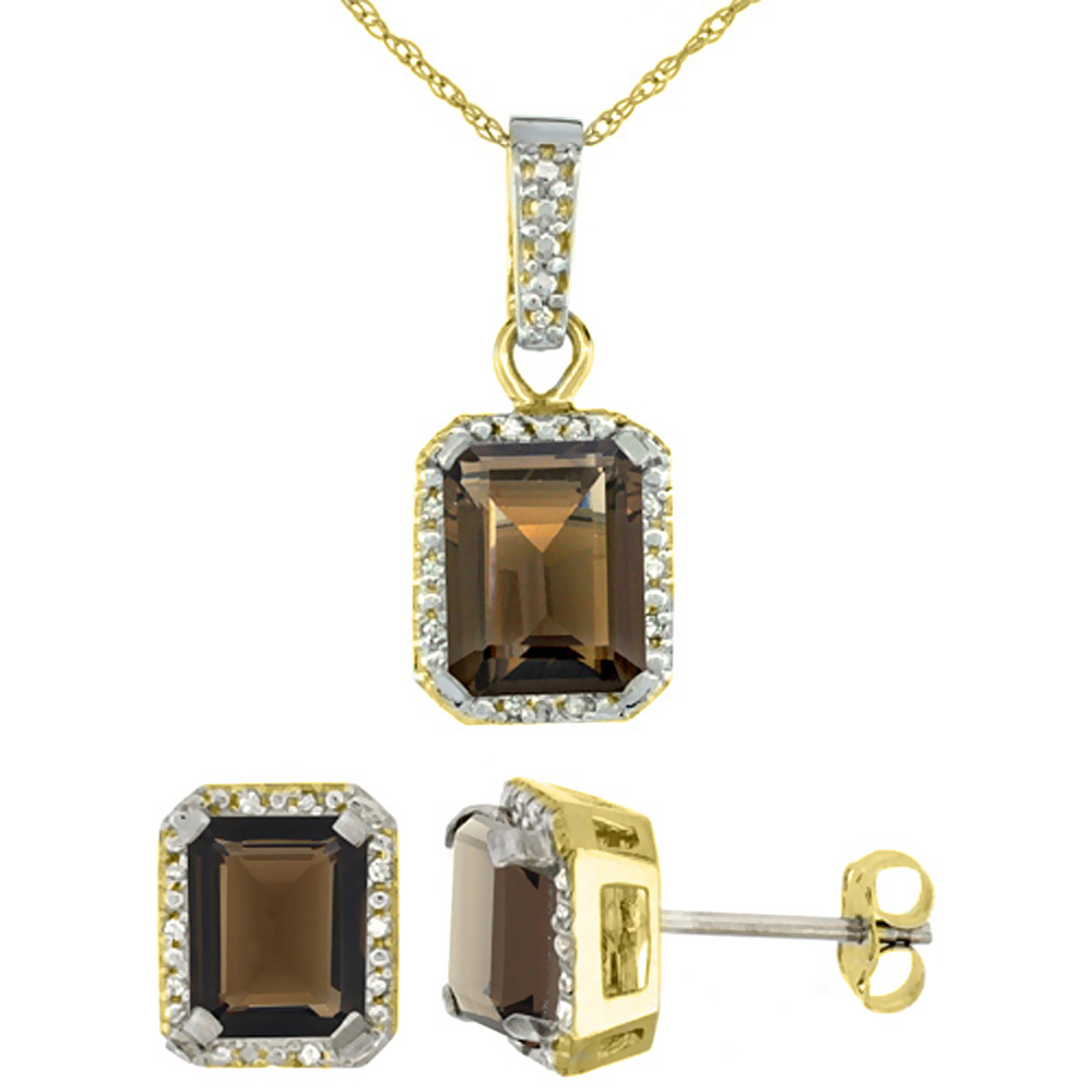 10K Yellow Gold Natural Octagon 8x6 mm Smoky Topaz Earrings &amp; Pendant Set Diamond Accents