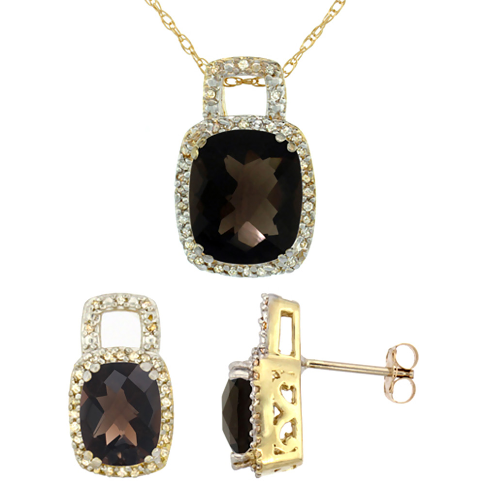 10K Yellow Gold Natural Octagon Cushion Smoky Topaz Earrings &amp; Pendant Set Diamond Accents