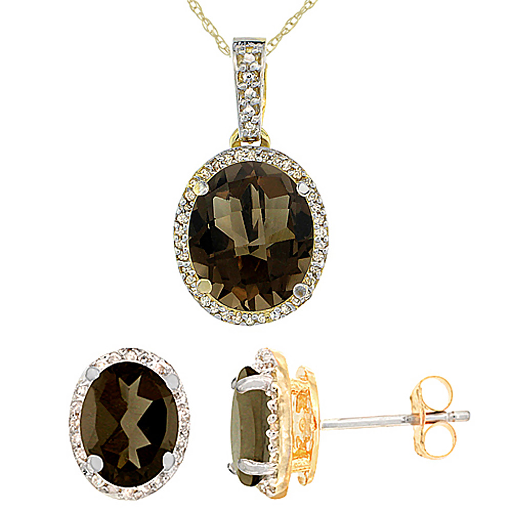 10K Yellow Gold Diamond Natural Smoky Topaz Oval Earrings &amp; Pendant Set