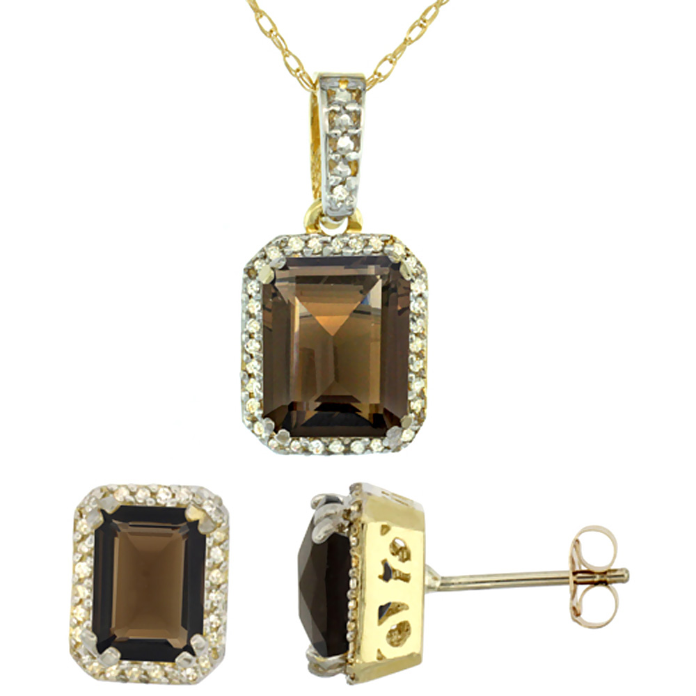 10K Yellow Gold Diamond Natural Octagon Smoky Topaz Earrings &amp; Pendant Set