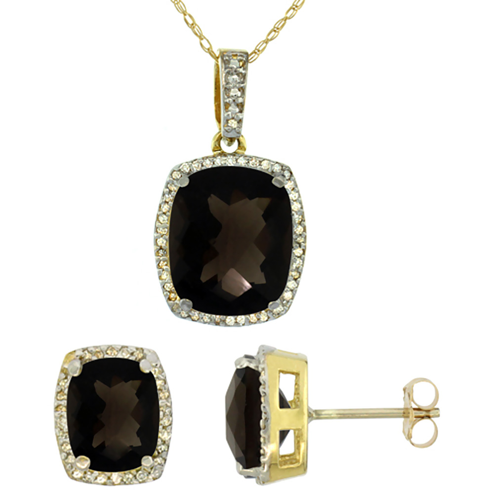 10K Yellow Gold Natural Smoky Topaz Octagon Cushion Earrings & Pendant Set