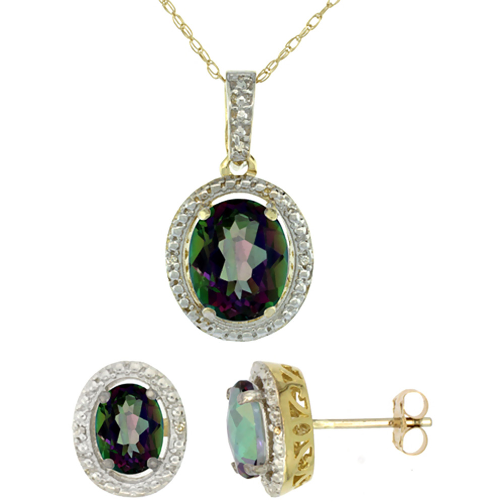 10K Yellow Gold Diamond Natural Mystic Topaz Oval Earrings & Pendant Set