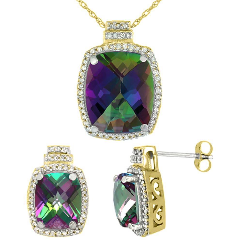 10K Yellow Gold Diamond Natural Mystic Topaz 8x6mm Earrings &amp; 11x9mm Pendant Set Octagon Cushion