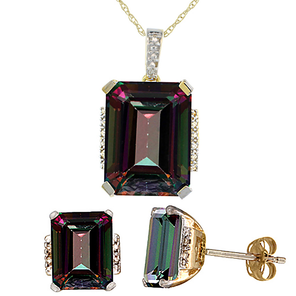 10K Yellow Gold Natural Octagon Mystic Topaz Earrings &amp; Pendant Set Diamond Accents