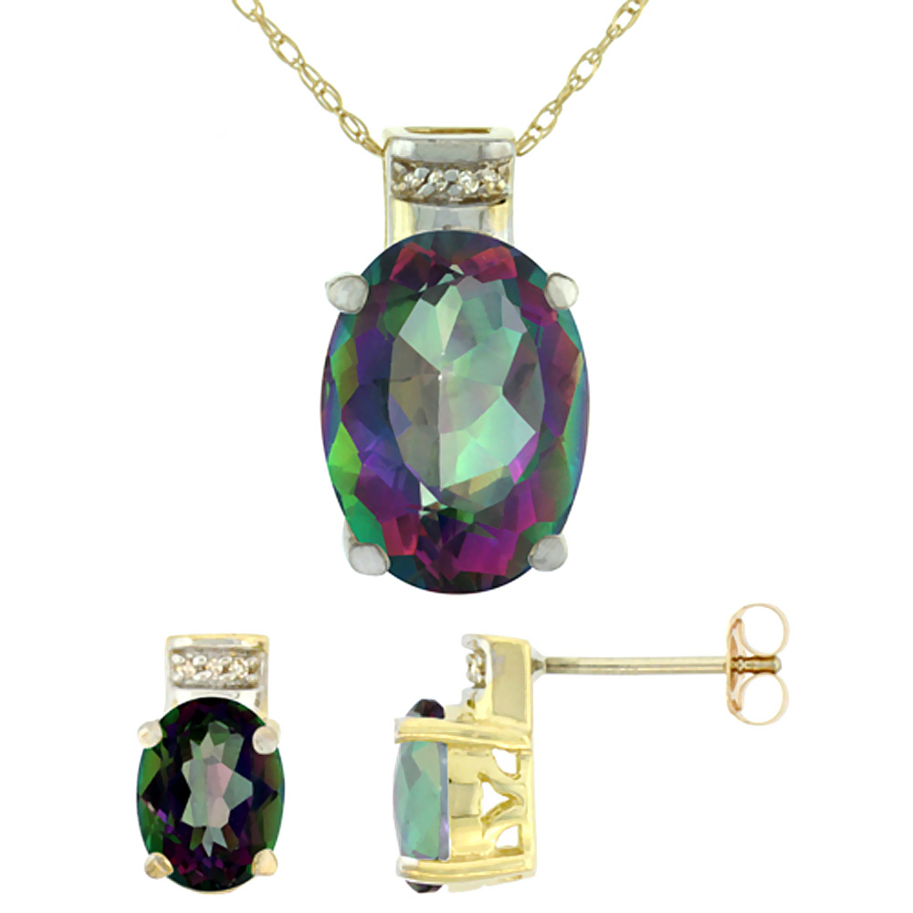 10K Yellow Gold Diamond Natural Oval Mystic Topaz Earrings & Pendant Set