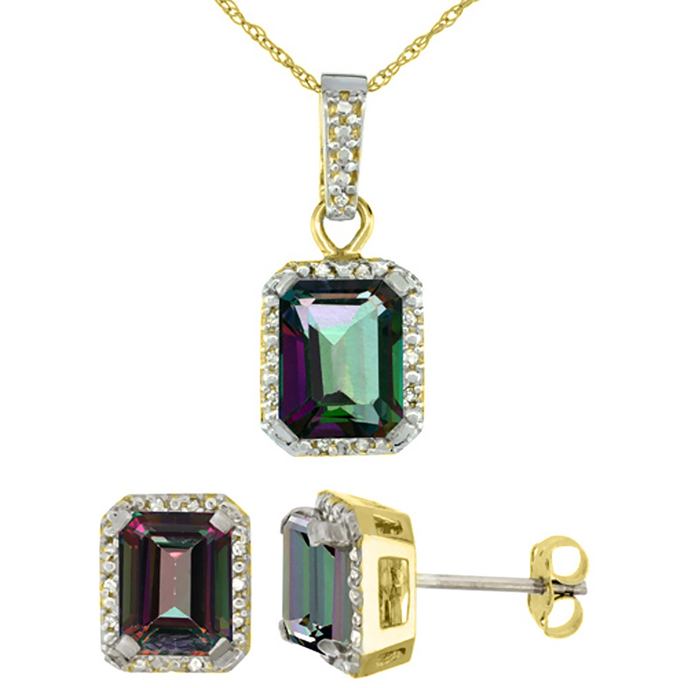 10K Yellow Gold Natural Octagon 8x6 mm Mystic Topaz Earrings & Pendant Set Diamond Accents