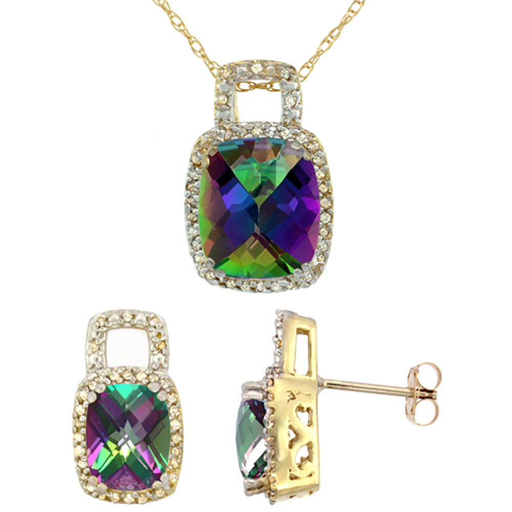 10K Yellow Gold Natural Octagon Cushion Mystic Topaz Earrings & Pendant Set Diamond Accents