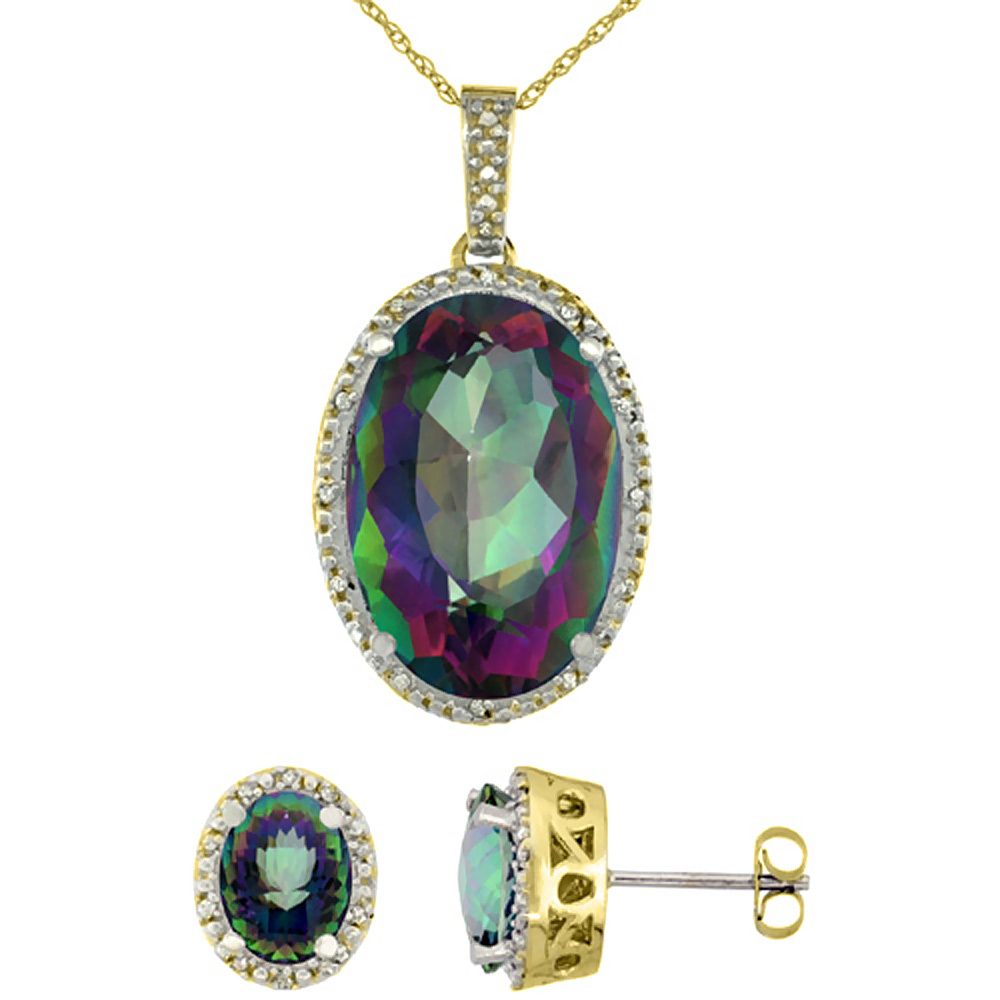 10K Yellow Gold Diamond Natural Oval Mystic Topaz Earrings & Pendant Set