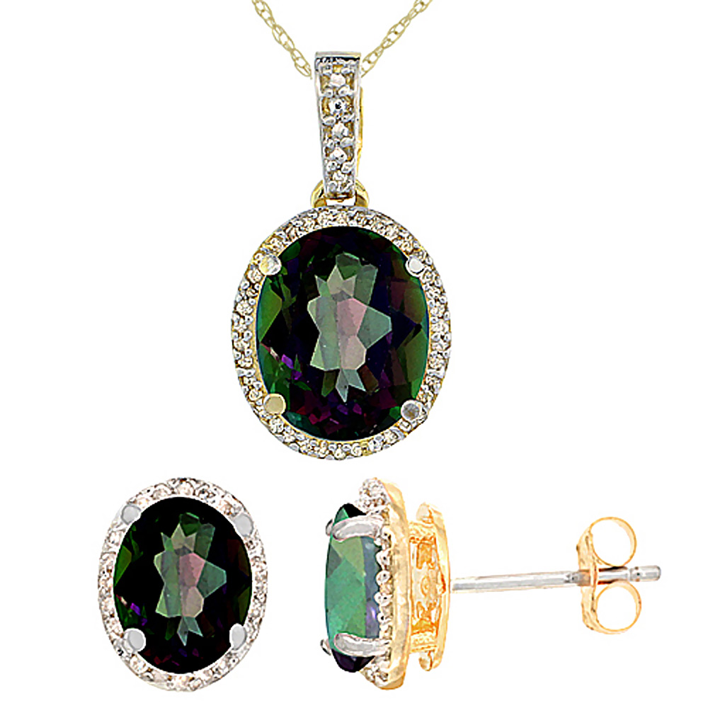 10K Yellow Gold Diamond Natural Mystic Topaz Oval Earrings &amp; Pendant Set