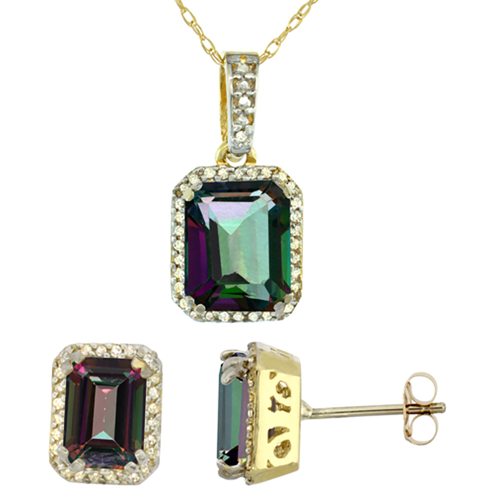 10K Yellow Gold Diamond Natural Octagon Mystic Topaz Earrings & Pendant Set