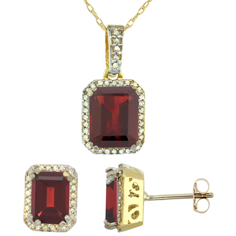 10K Yellow Gold Diamond Natural Octagon Garnet Earrings & Pendant Set
