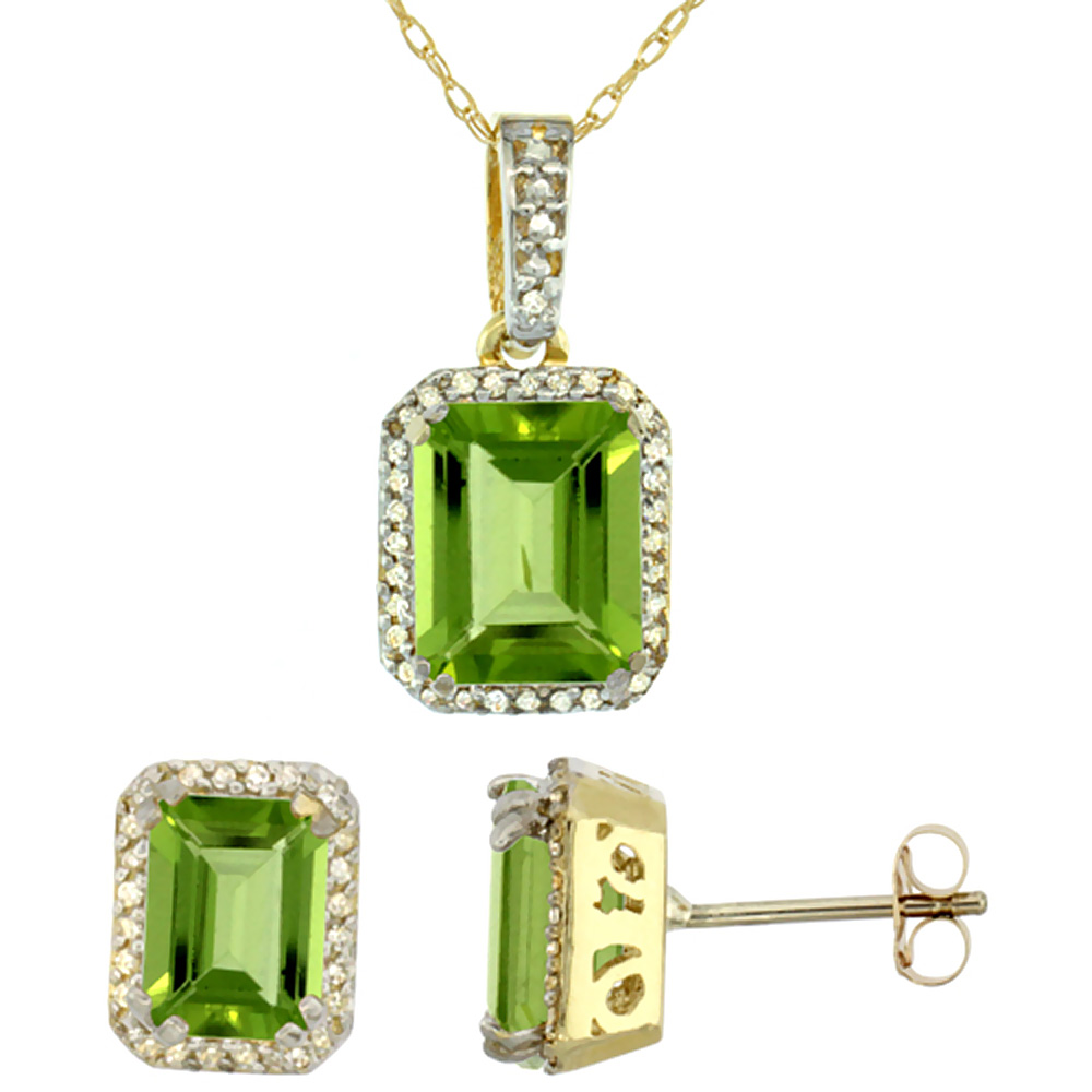 10K Yellow Gold Diamond Natural Octagon Peridot Earrings & Pendant Set