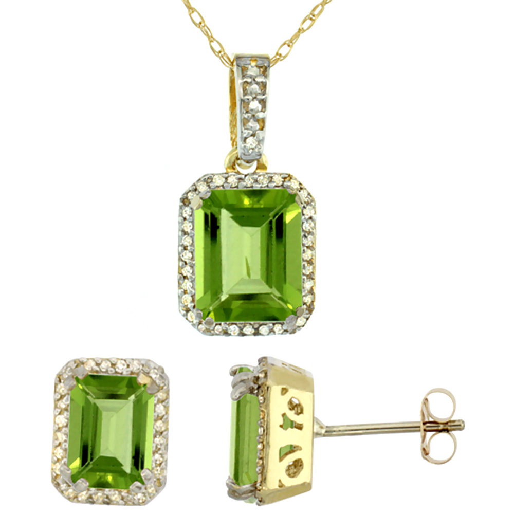 10K Yellow Gold Diamond Natural Octagon Peridot Earrings &amp; Pendant Set