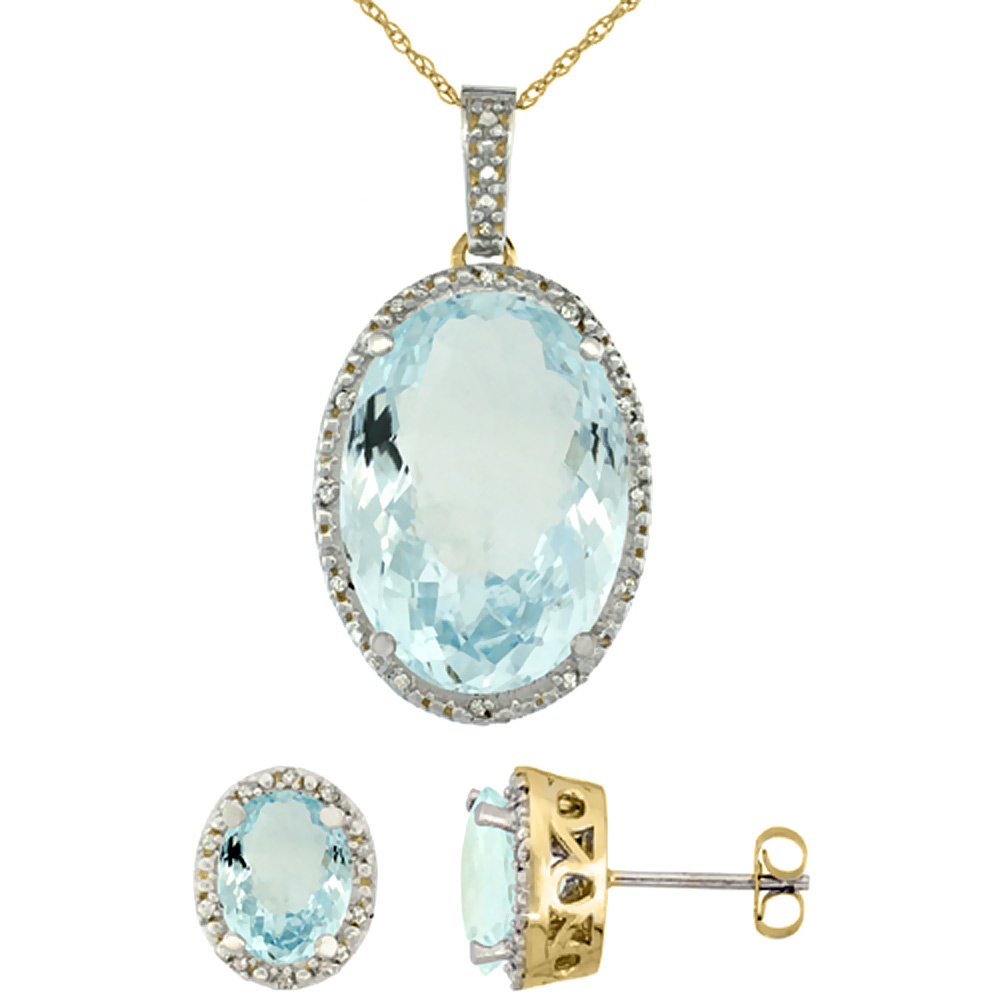 10K Yellow Gold Diamond Natural Oval Aquamarine Earrings & Pendant Set