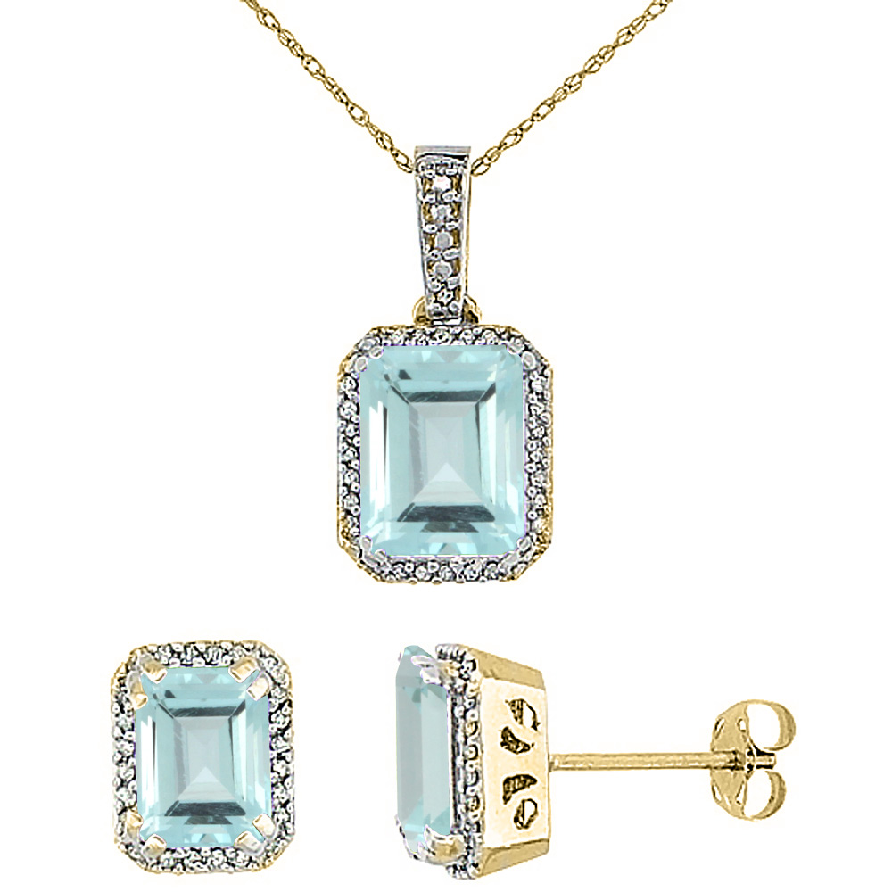 10K Yellow Gold Diamond Natural Octagon Aquamarine Earrings & Pendant Set