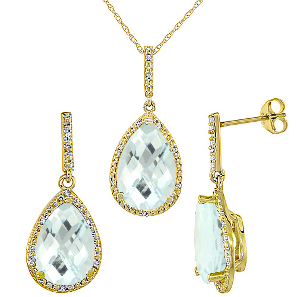 10K Yellow Gold Diamond Natural Aquamarine Earrings Necklace Set Pear Shaped 12x8mm &amp; 15x10mm, 18 inch