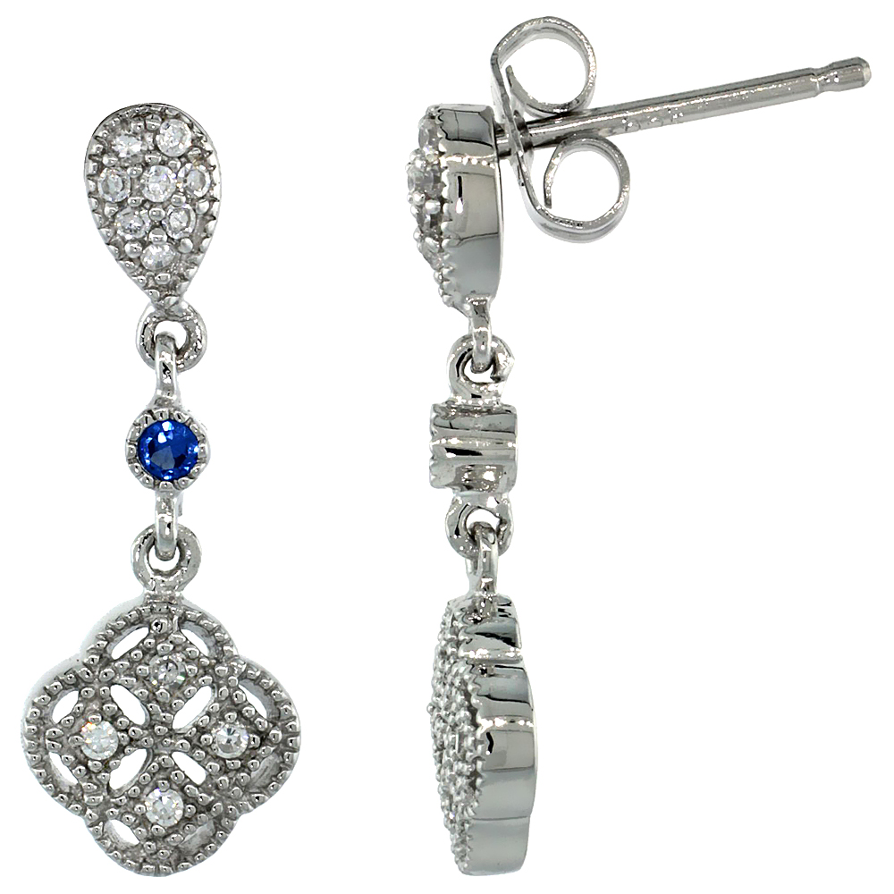 Sterling Silver Clover Flower Dangle Earrings w/ Brilliant Cut Clear & Blue Sapphire Color CZ Stones, 7/8 in. (22 mm) tall