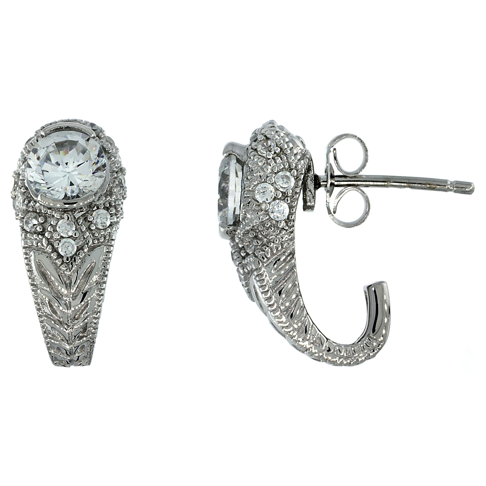 Sterling Silver Vintage Style Half-Hoop Earrings w/ Brilliant Cut CZ Stones, 11/16 in. (18 mm) tall