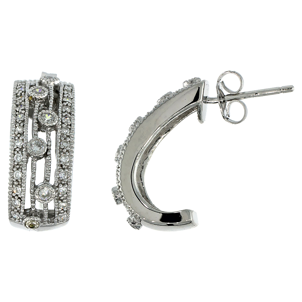 Sterling Silver Half-Hoop Earrings w/ Brilliant Cut CZ Stones, 3/4 in. (19 mm) tall