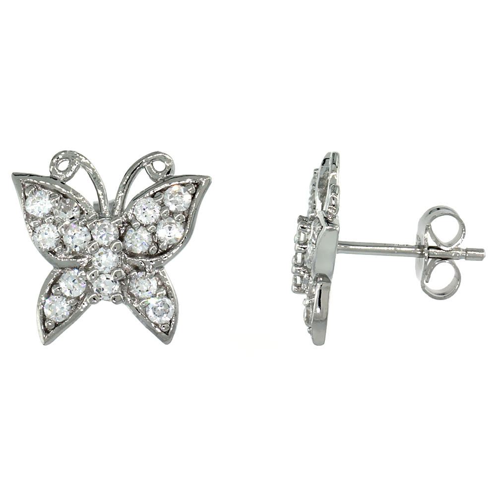 Sterling Silver Butterfly Post Earrings w/ Brilliant Cut CZ Stones, 1/2 in. (12 mm) tall