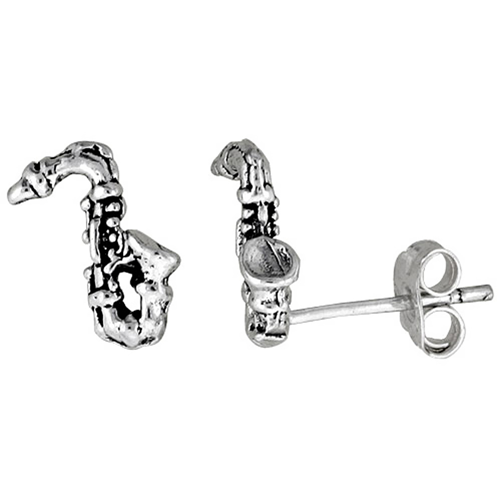 TINY STERLING SILVER SAXOPHONE STUD EARRINGS 5/16 INCH