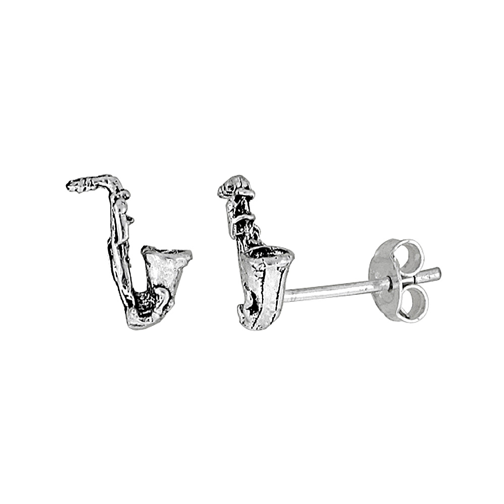 TINY STERLING SILVER SAXOPHONE STUD EARRINGS 3/8 INCH