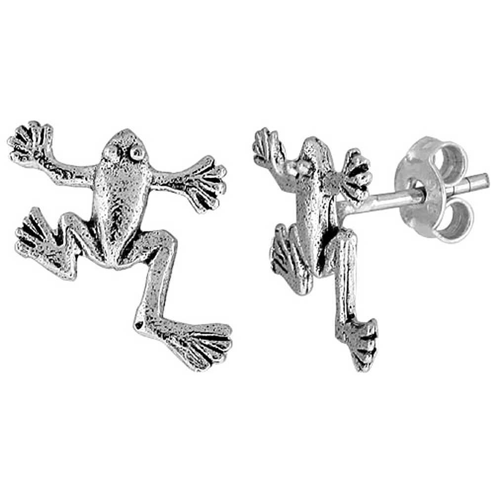TINY STERLING SILVER CLIMBING TREE FROG STUD EARRINGS 1/2 INCH