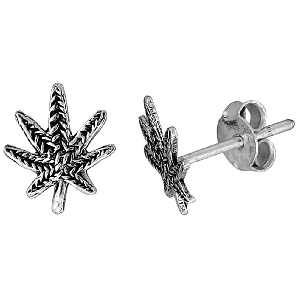 TINY STERLING SILVER MARIJUANA LEAF STUD EARRINGS 3/8 INCH