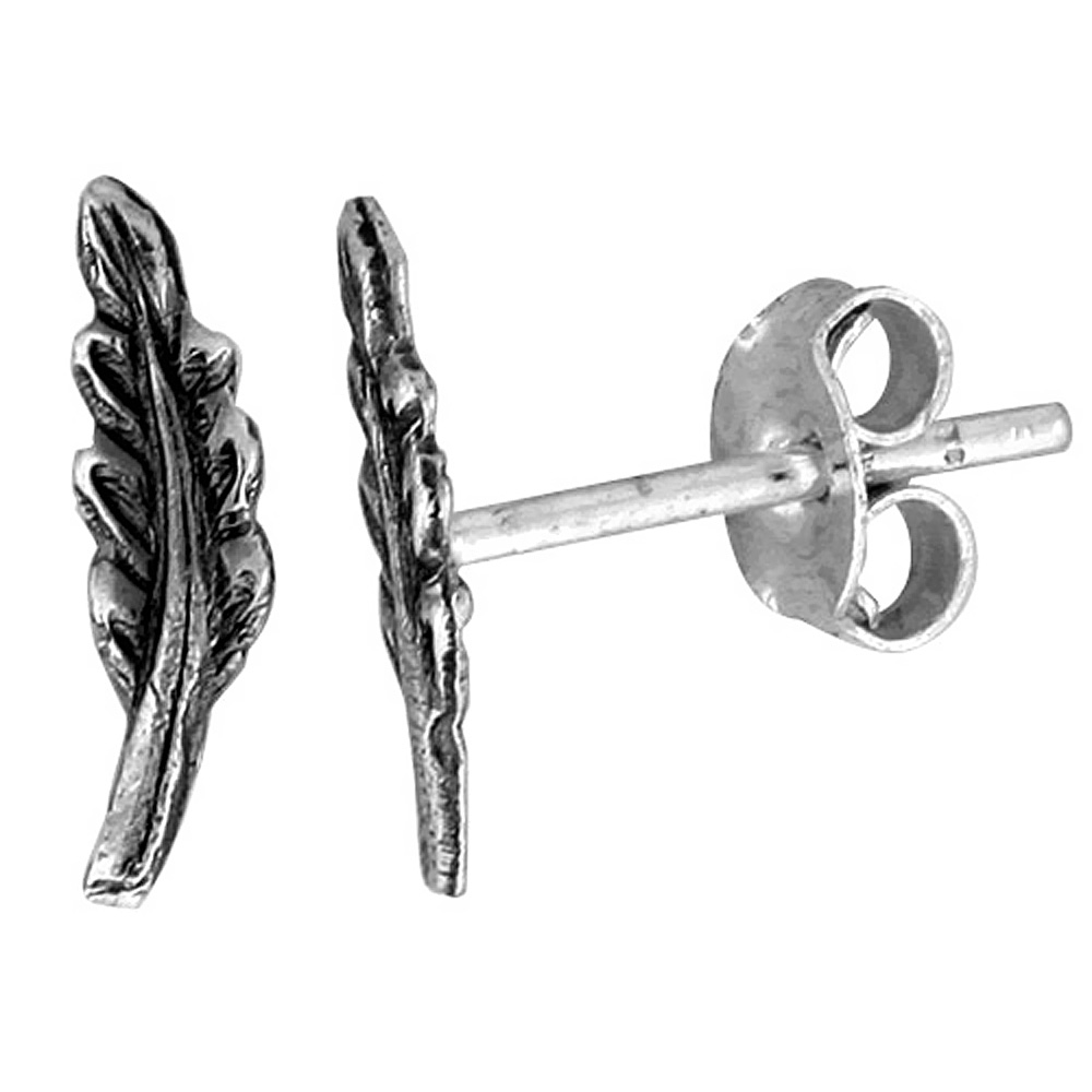 TINY STERLING SILVER FEATHER STUD EARRINGS 7/16 INCH