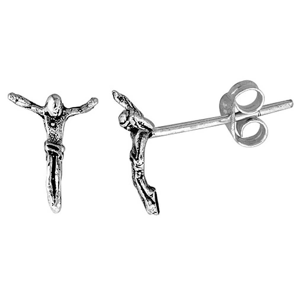 TINY STERLING SILVER JESUS STUD EARRINGS 3/8 INCH