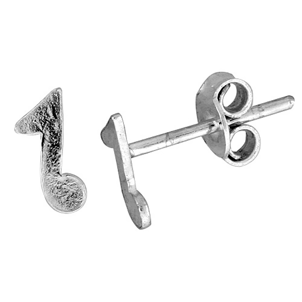 TINY STERLING SILVER MUSICAL NOTE STUD EARRINGS 5/16 INCH
