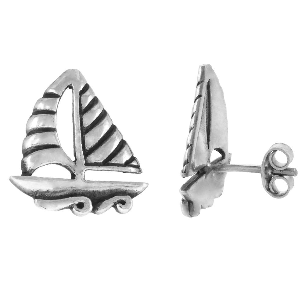 TINY STERLING SILVER SAILBOAT STUD EARRINGS WITH SCALLOPED SAILS 9/16 INCH