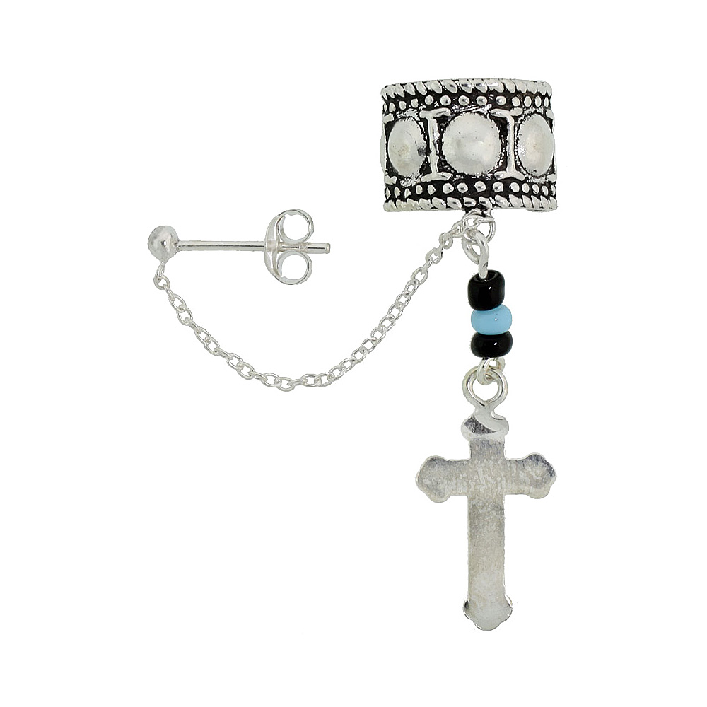 Sterling Silver Cross Ear Cuff Earring with chain &amp; Ball Stud (one piece), 3/8 inch