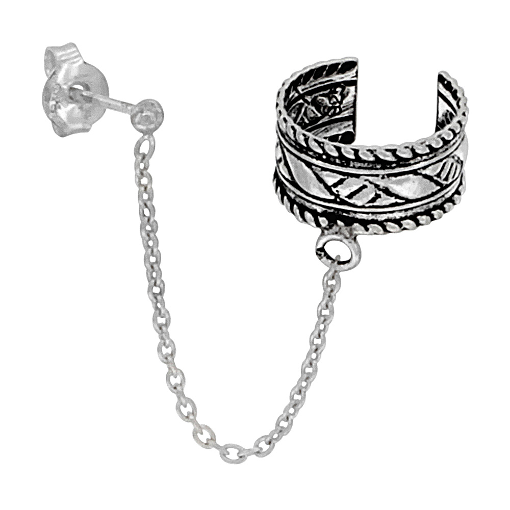 Sterling Silver Ear Cuff Earring with Chain &amp; Ball Stud (one piece)