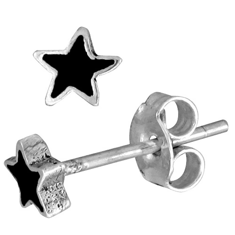 TINY STERLING SILVER BLACK ENAMEL STAR STUD EARRINGS, 3/16 INCH