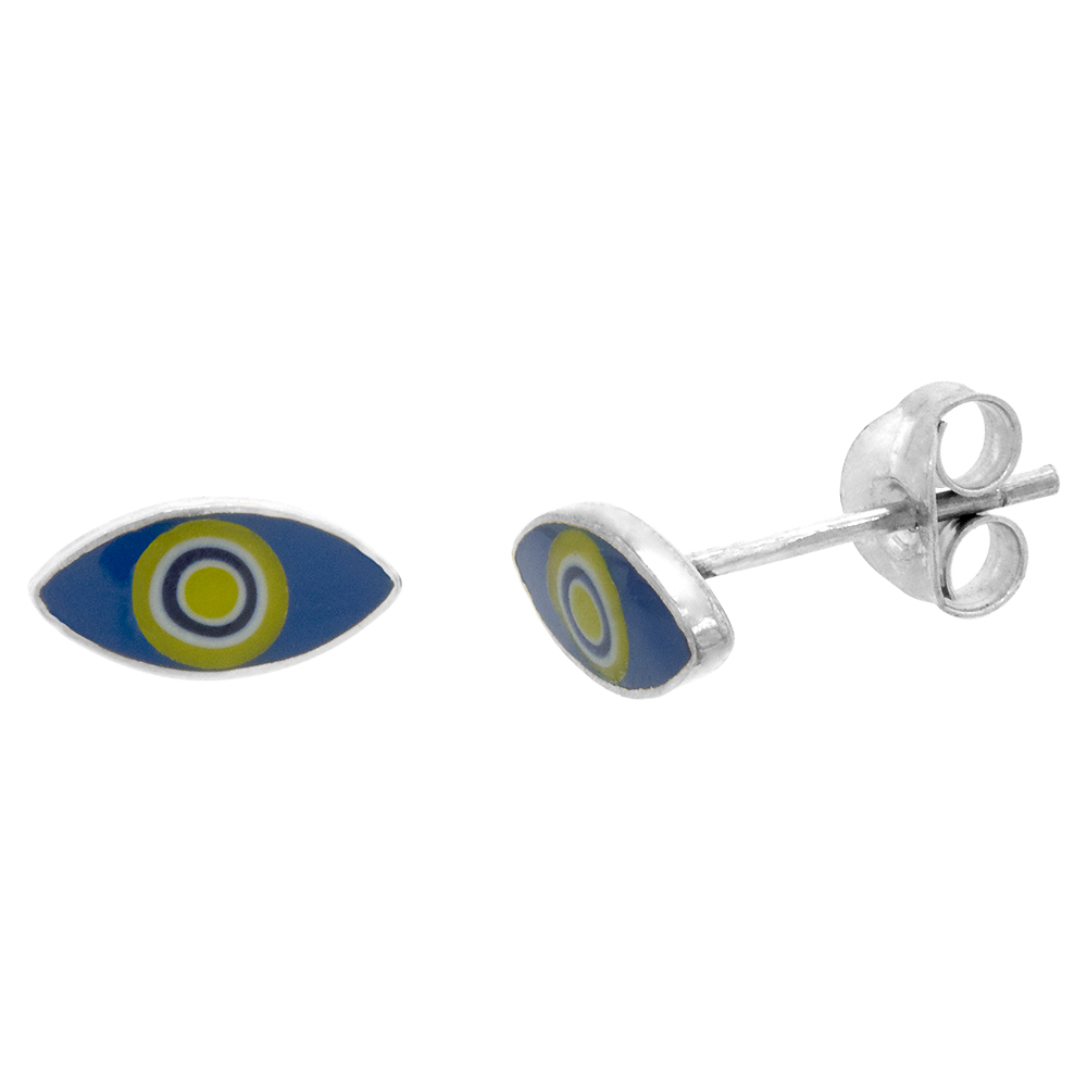 SMALL STERLING SILVER BLUE ENAMEL EYE STUD EARRINGS, 11/32 INCH