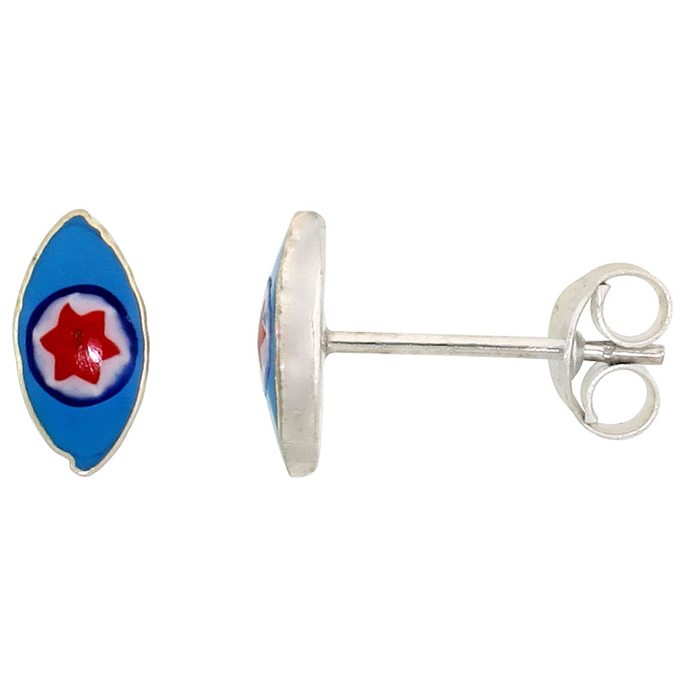 SMALL STERLING SILVER BLUE ENAMEL EYE STUD EARRINGS, 11/32 INCH