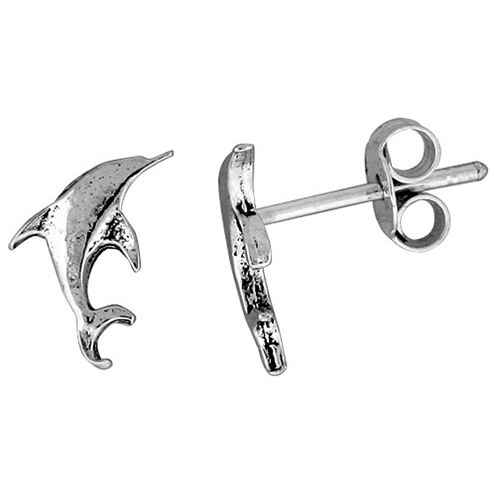 TINY STERLING SILVER DOLPHIN STUD EARRINGS 1/2 INCH
