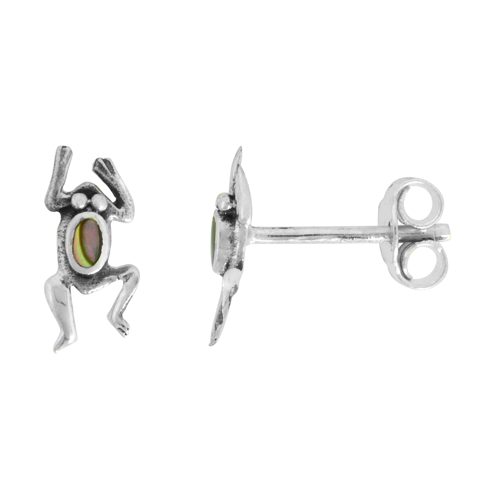 TINY STERLING SILVER ABALONE FROG STUD EARRINGS 7/16 INCH