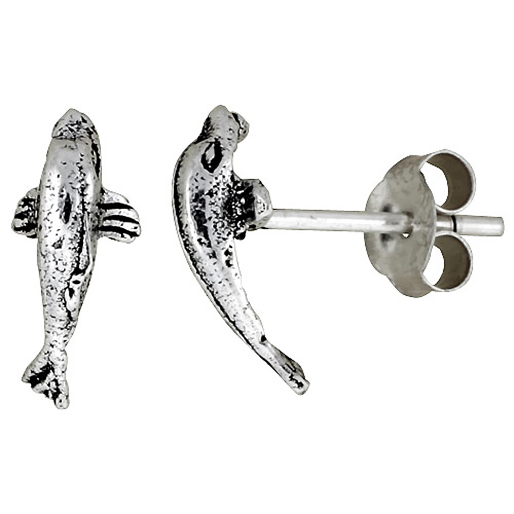 TINY STERLING SILVER DOLPHIN STUD EARRINGS 1/2 INCH