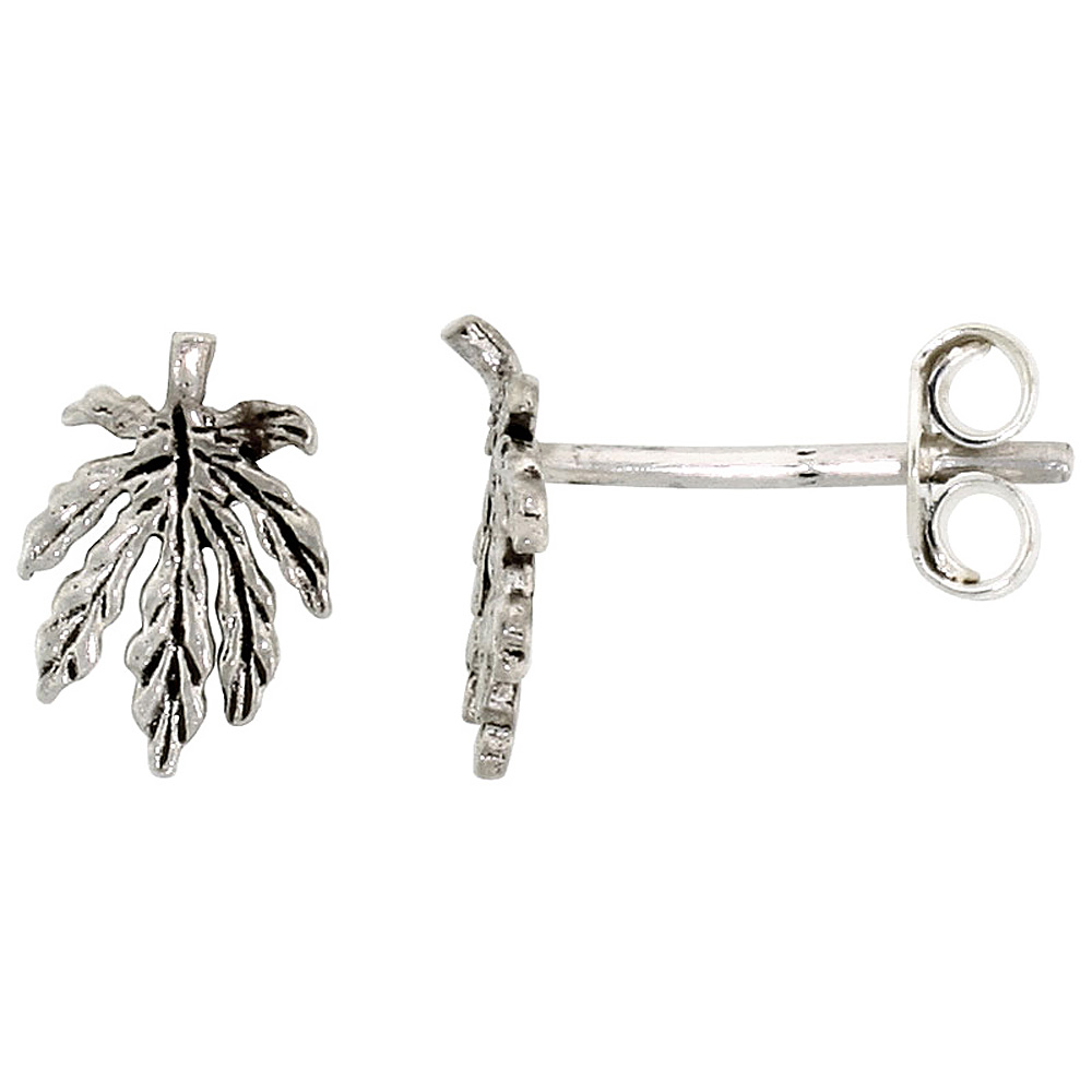 TINY STERLING SILVER POT LEAF STUD EARRINGS 3/8 INCH