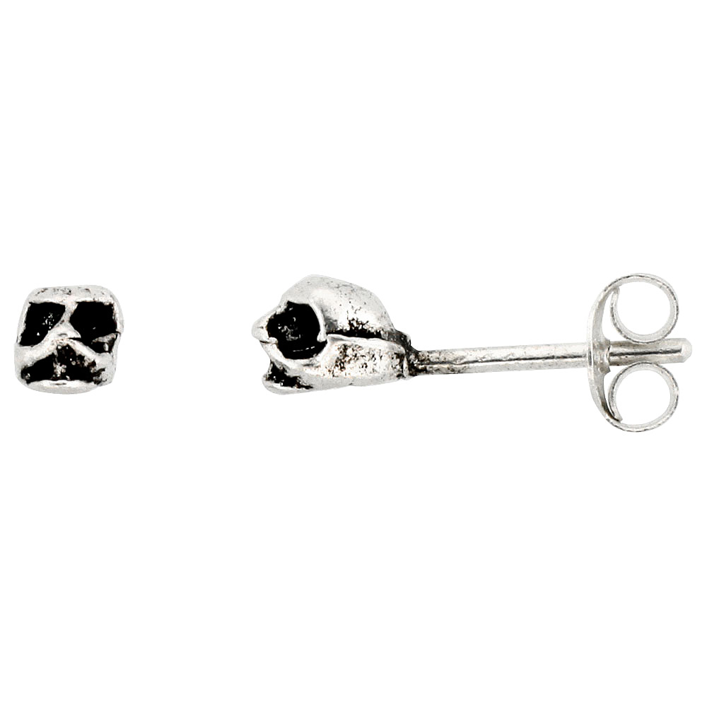 TINY STERLING SILVER ALIEN SKULL STUD EARRINGS 1/4 INCH