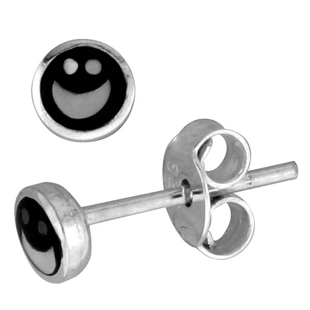 TINY STERLING SILVER HAPPY FACE STUD EARRINGS 3/16 INCH