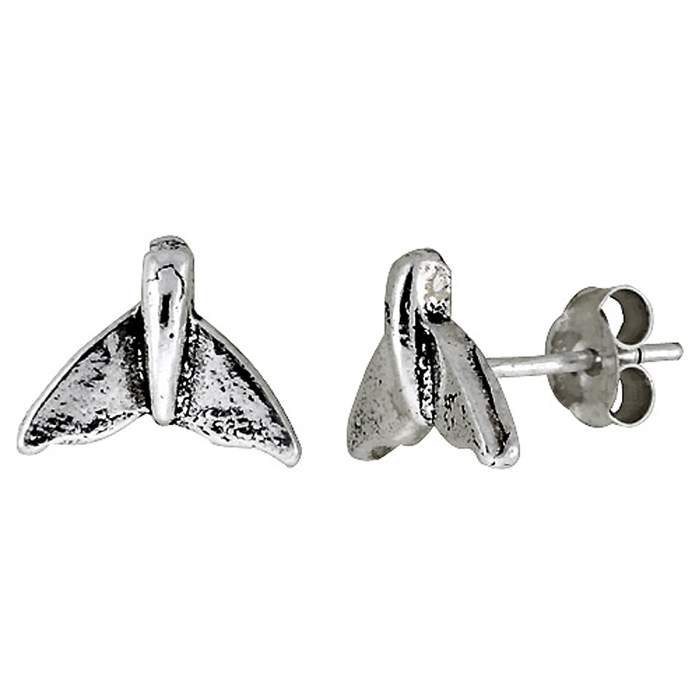 TINY STERLING SILVER WHALE'S TAIL STUD EARRINGS 7/16 INCH