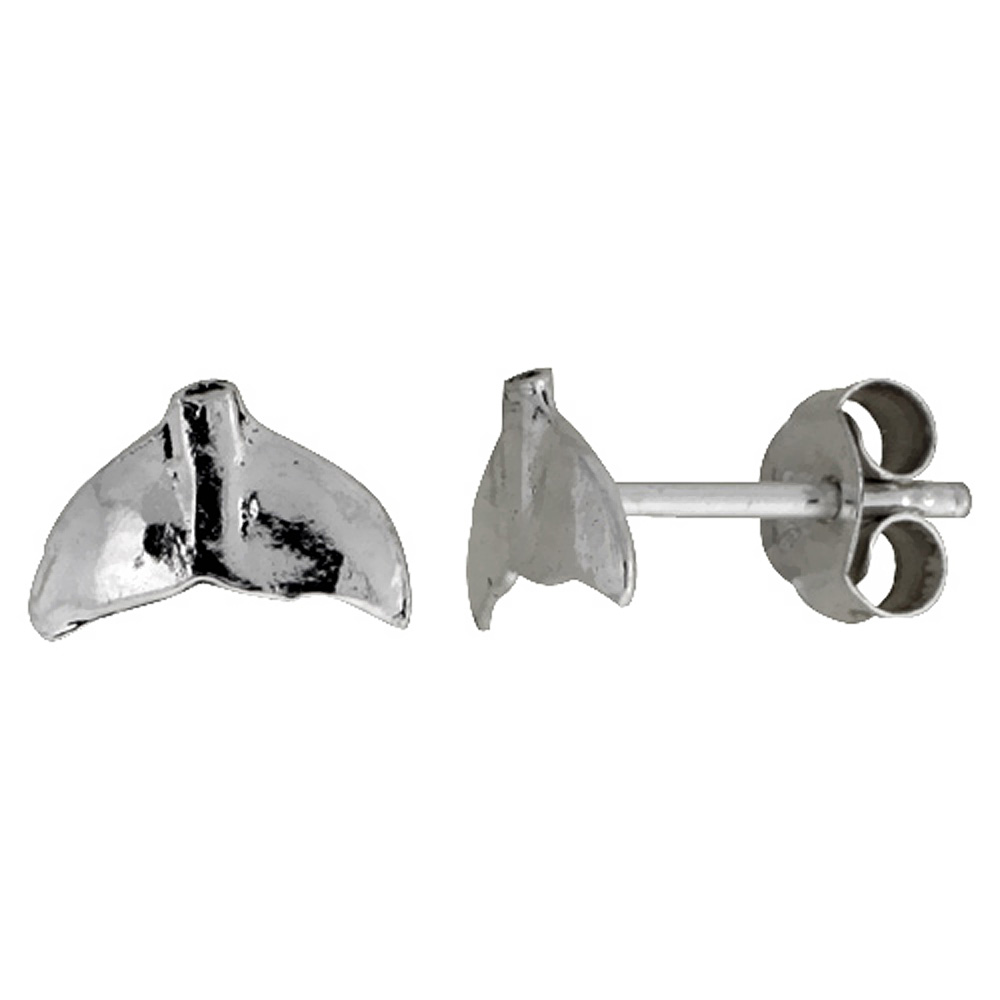 TINY STERLING SILVER WHALE'S TAIL STUD EARRINGS 3/8 INCH