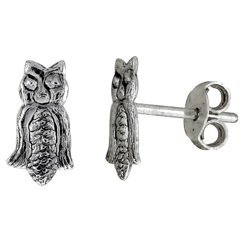 TINY STERLING SILVER OWL STUD EARRINGS 3/8 INCH